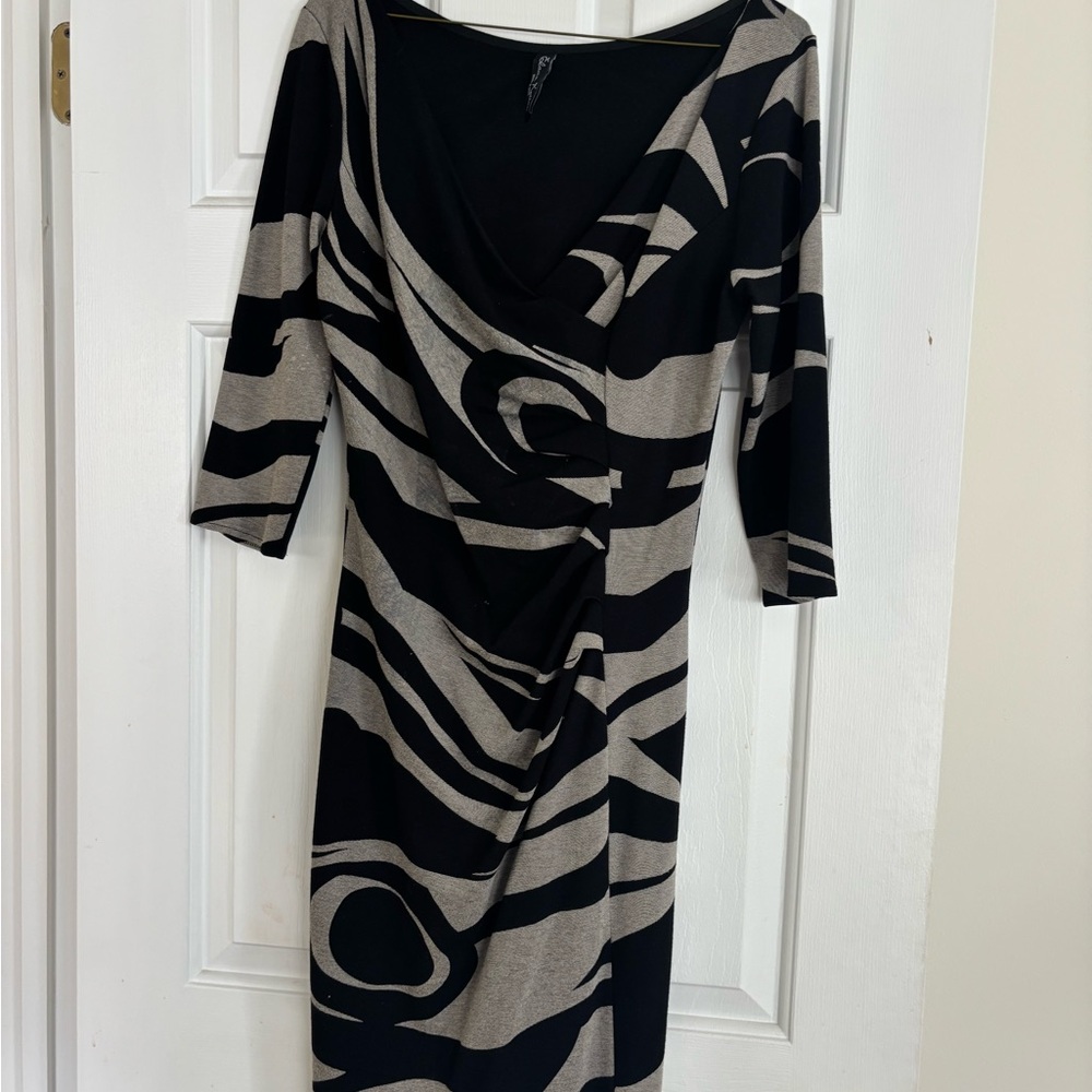 Black and Tan Asymmetrical Sheath Dress 3/4 Sleeve